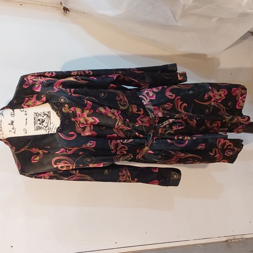 Womens Vibrant Dark Floral Black and Pink Chemise Set Satin Pajamas Sz.XL